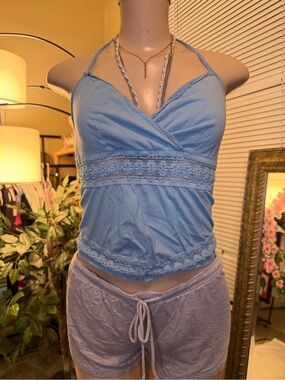 Y2K Blue Halter Top with Lace Trim - Size S
